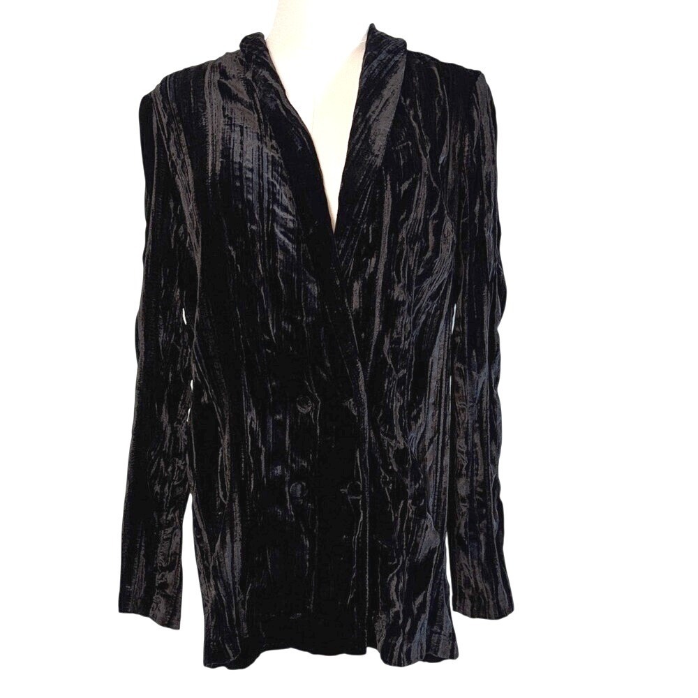 Topshop Black Crushed Velvet Double‎ Breasted Shawl Collar Blazer Jacket Womens